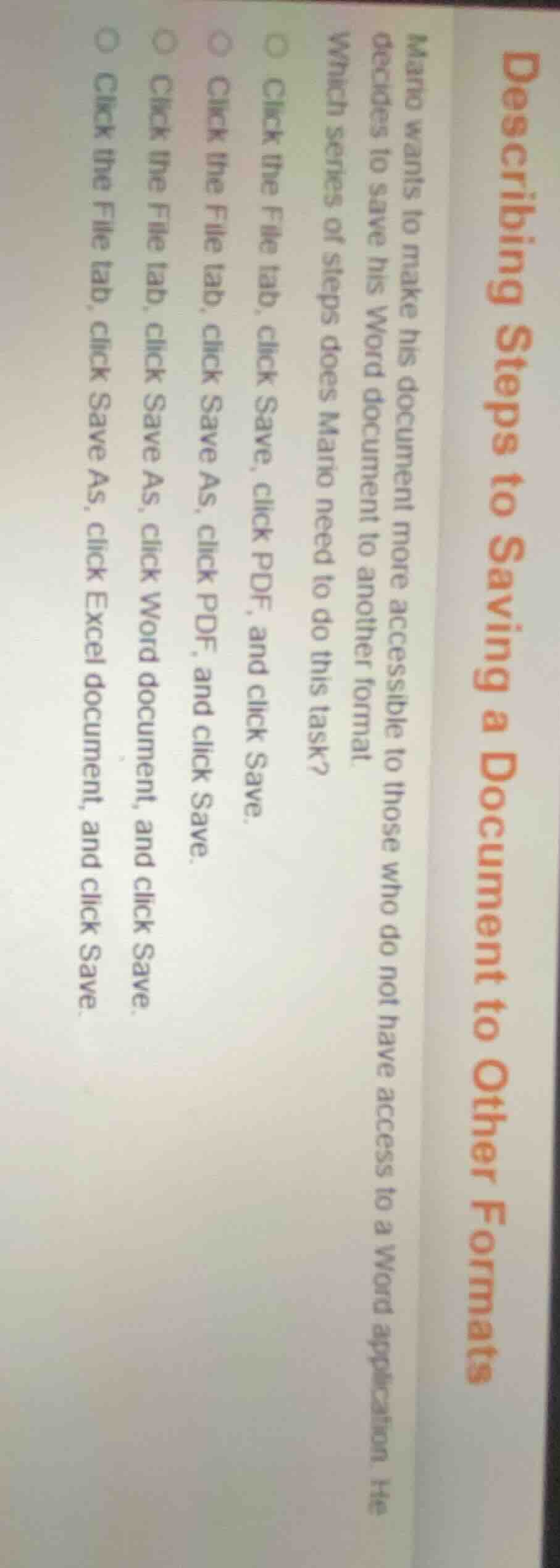 describing steps to saving a document to other formats mario wants to m…