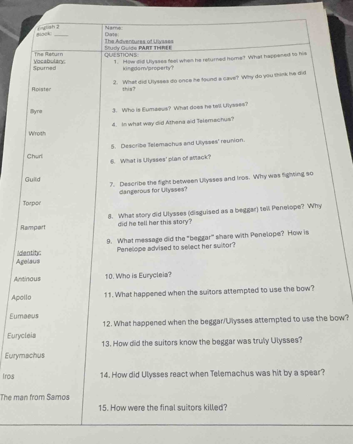 english 2 block: name: date: the adventures of ulysses study guide part…