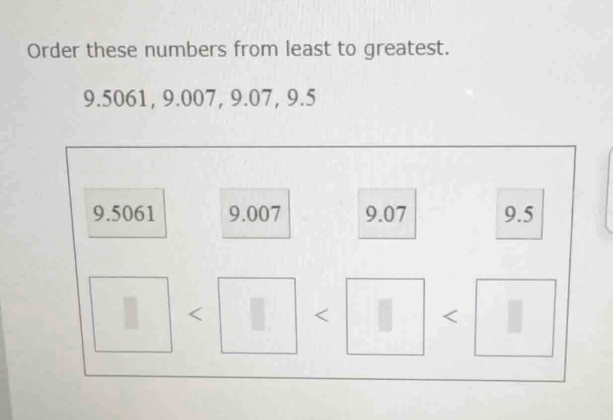 order these numbers from least to greatest. 9.5061, 9.007, 9.07, 9.5 9.…