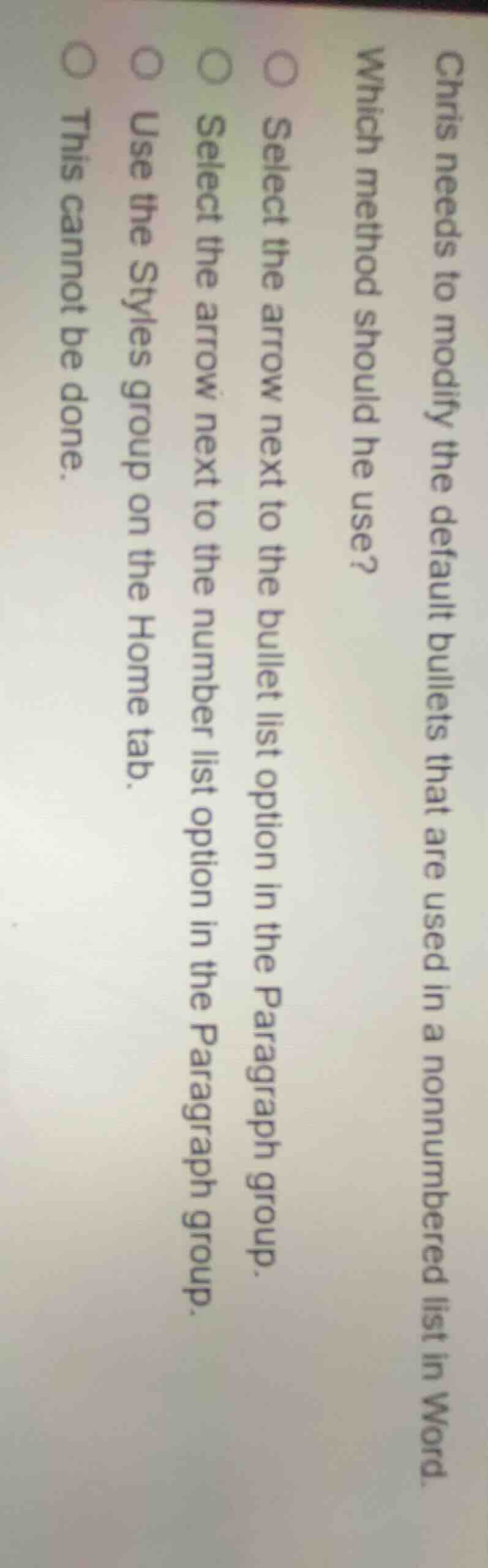 chris needs to modify the default bullets that are used in a nonnumbere…