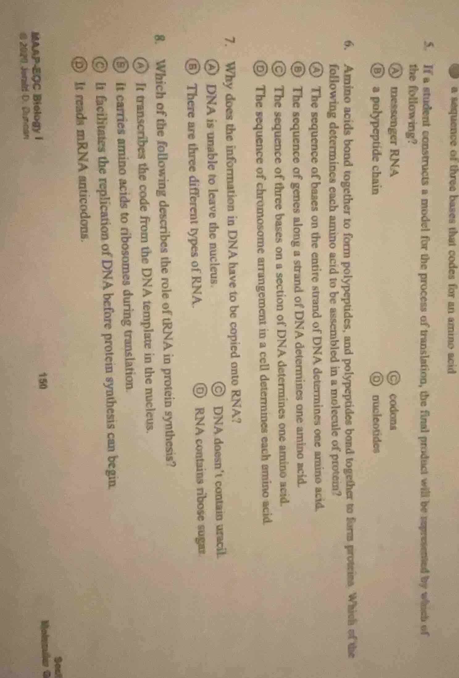 a sequence of three bases that codes for an amino acid 5. if a student …