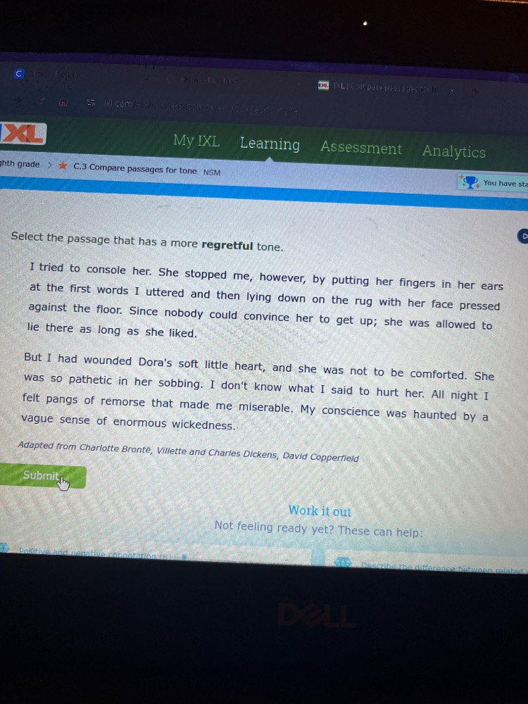 my ixl learning assessment analytics ghth grade > ★ c.3 compare passage…