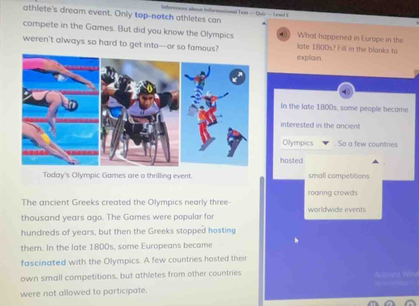 inferences about informational text — quiz — level e athletes dream eve…