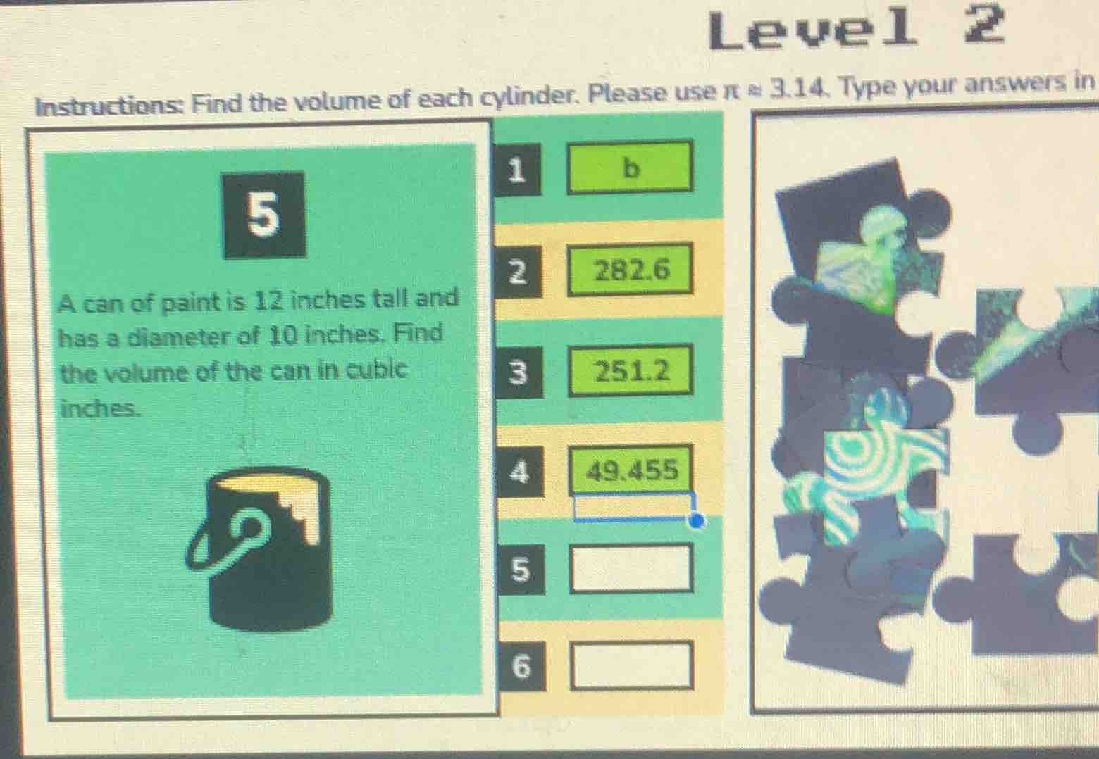 level 2 instructions: find the volume of each cylinder. please use $pi …