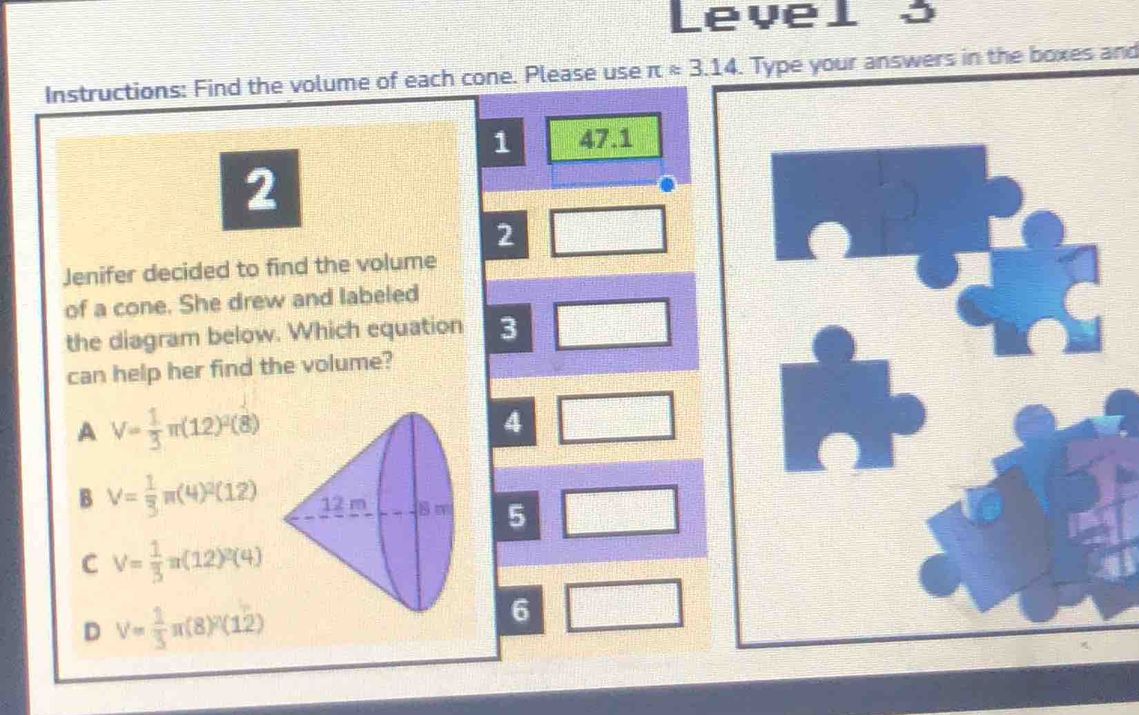 level 3 instructions: find the volume of each cone. please use $pi \\ap…