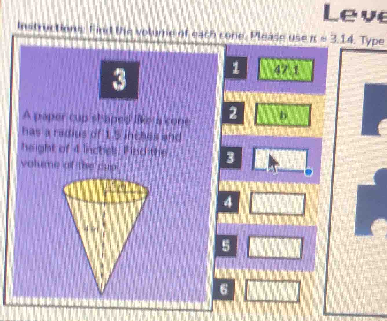 instructions: find the volume of each cone. please use $pi=3.14$. type …