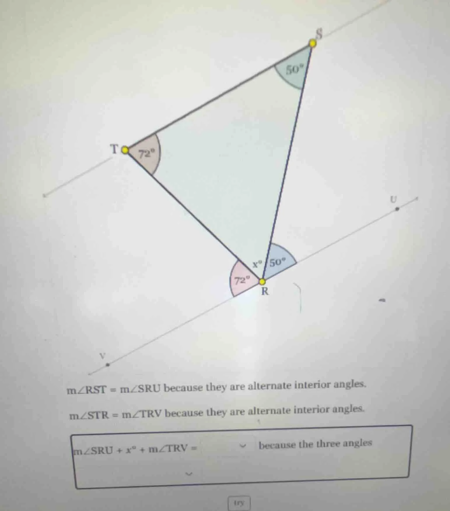 $mangle rst = mangle sru$ because they are alternate interior angles.$m…