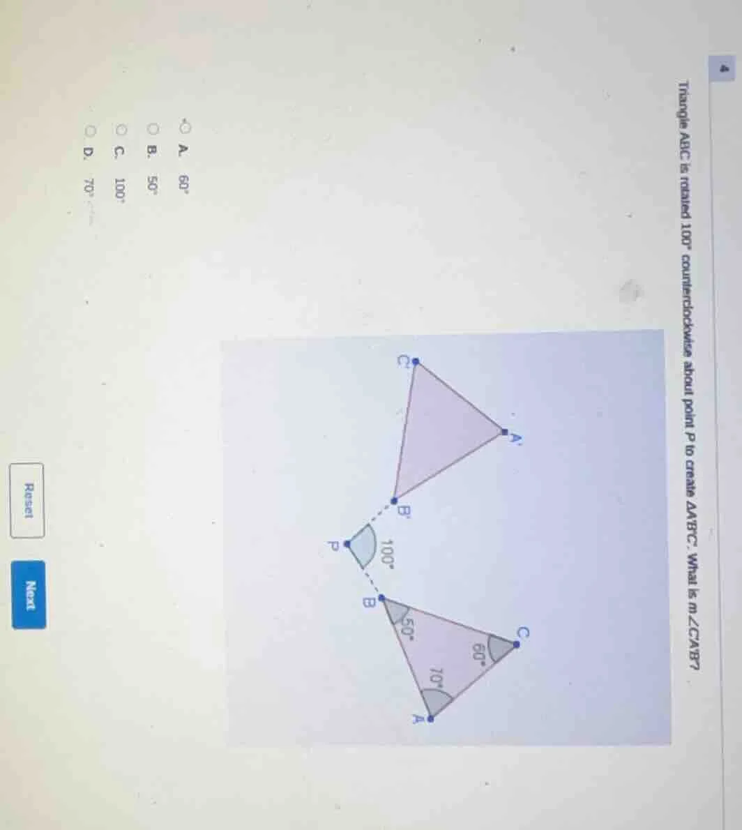 triangle abc is rotated 100° counterclockwise about point p to create △…