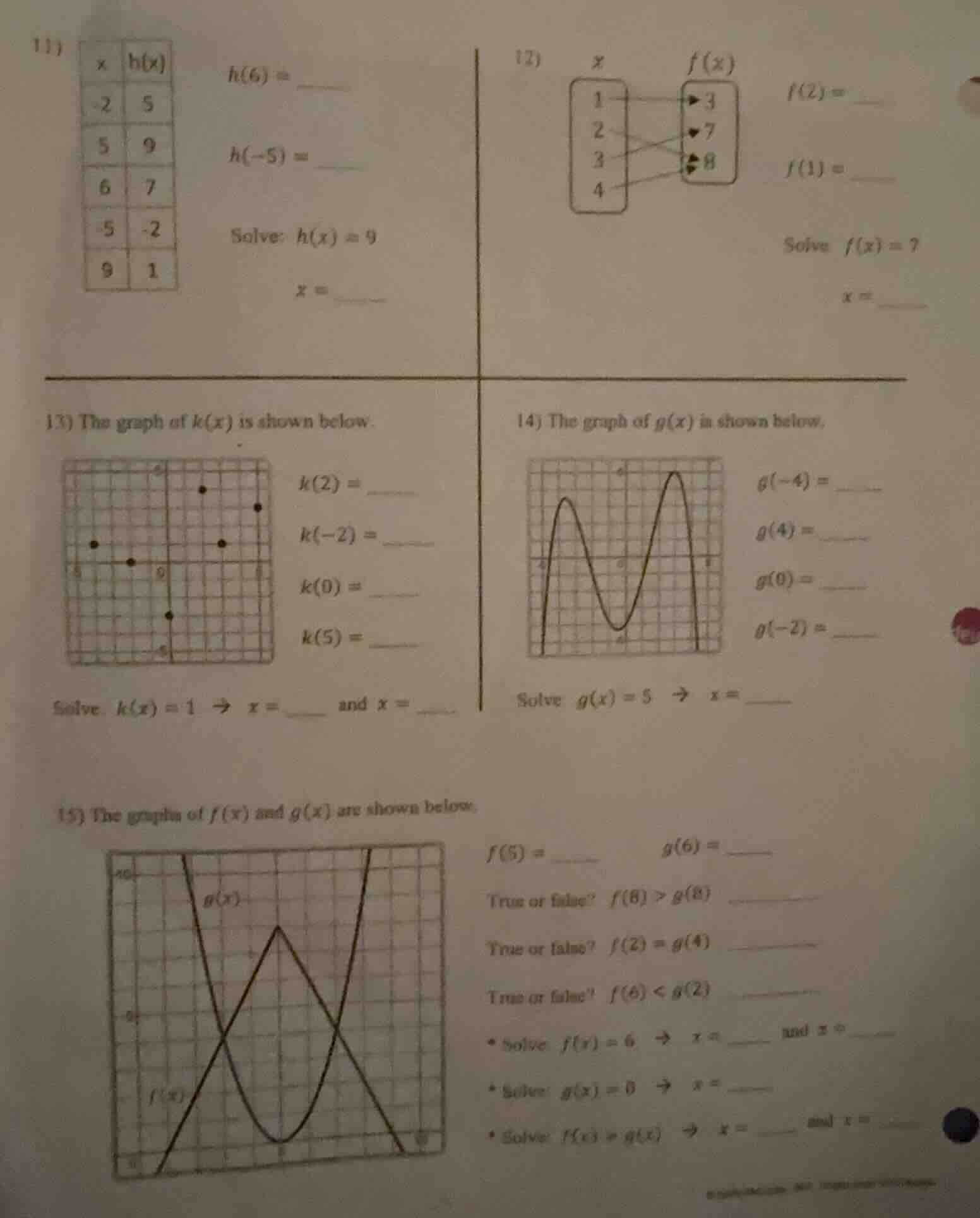 11) | x | h(x) | |----|----| | -2 | 5 | | 5 | 9 | | 6 | 7 | | -5 | -2 |…