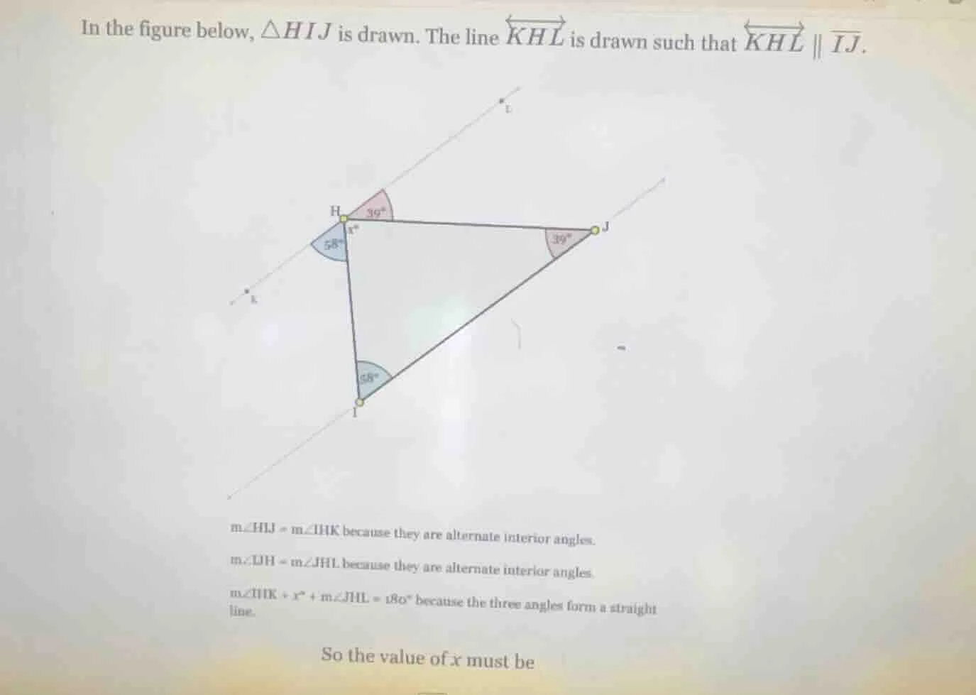 in the figure below, $\triangle hij$ is drawn. the line $overleftrighta…