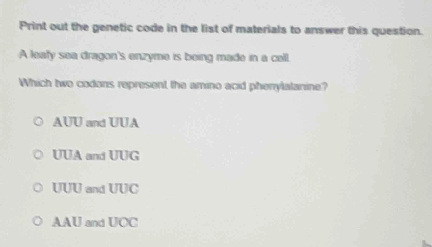 print out the genetic code in the list of materials to answer this ques…
