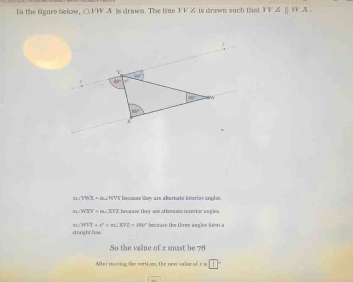in the figure below, $\triangle vwx$ is drawn. the line $yvz$ is drawn …