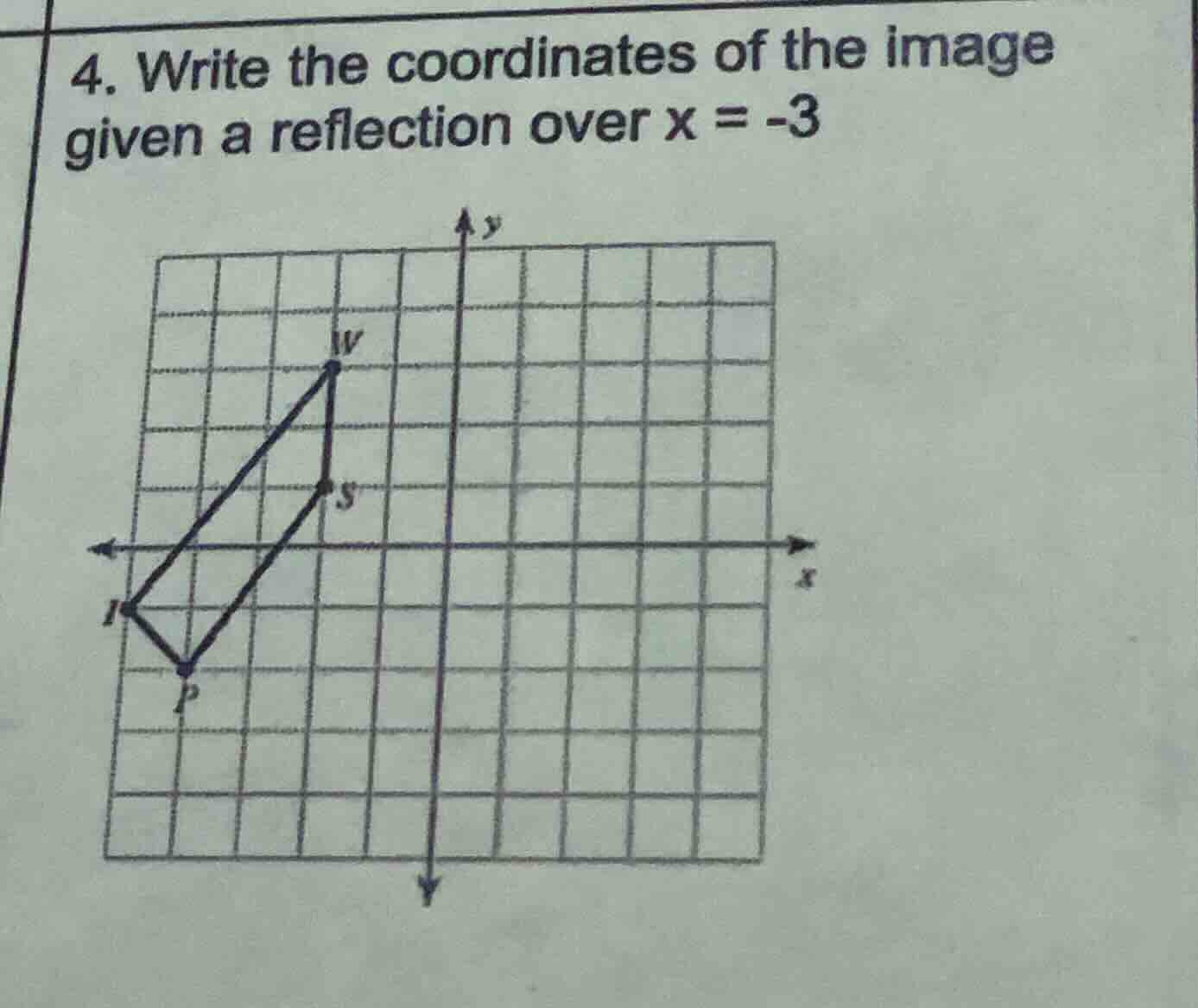 4. write the coordinates of the image given a reflection over $x = -3$