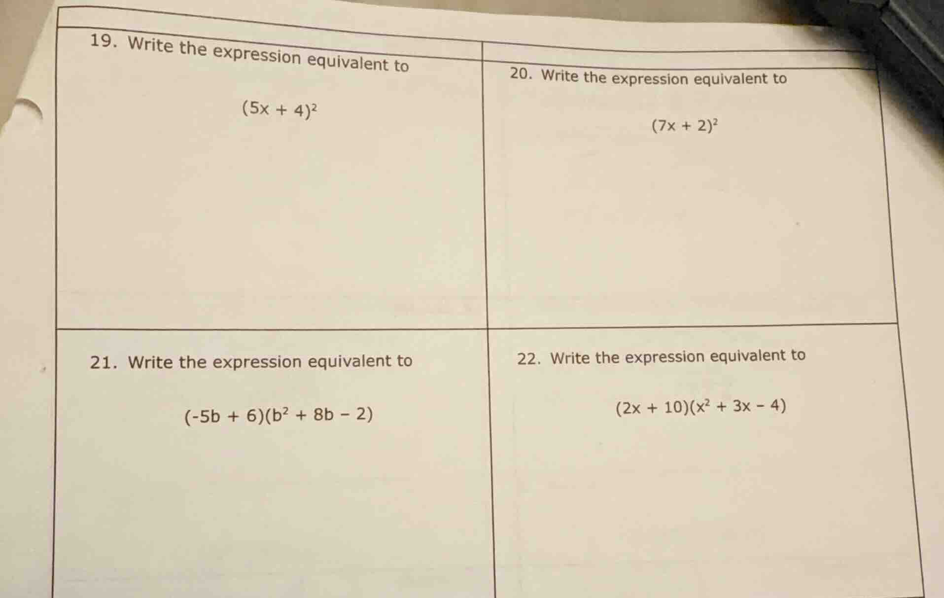 19. write the expression equivalent to $(5x + 4)^2$ 20. write the expre…