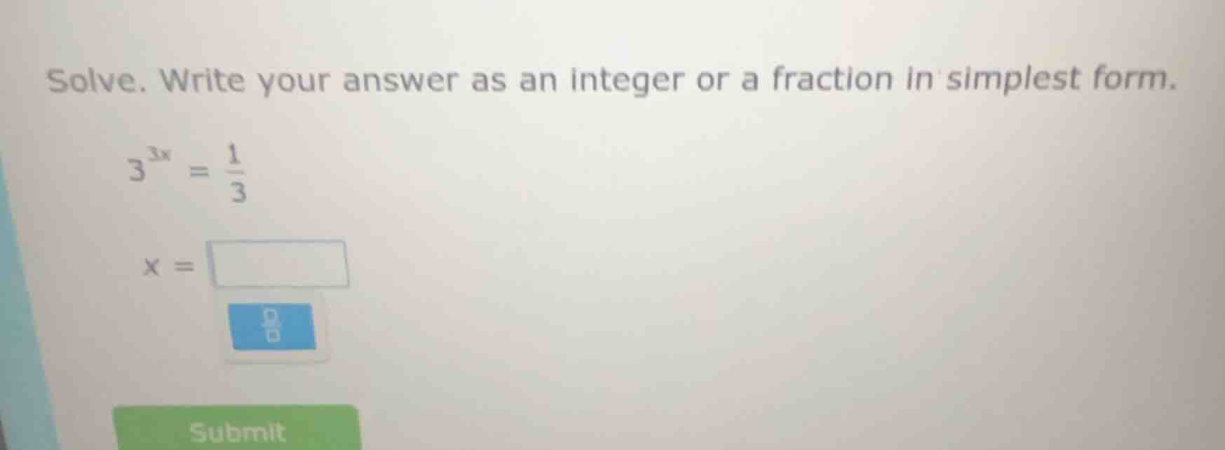 solve. write your answer as an integer or a fraction in simplest form. …