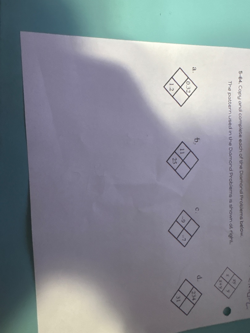 5-64. copy and complete each of the diamond problems below. the pattern…