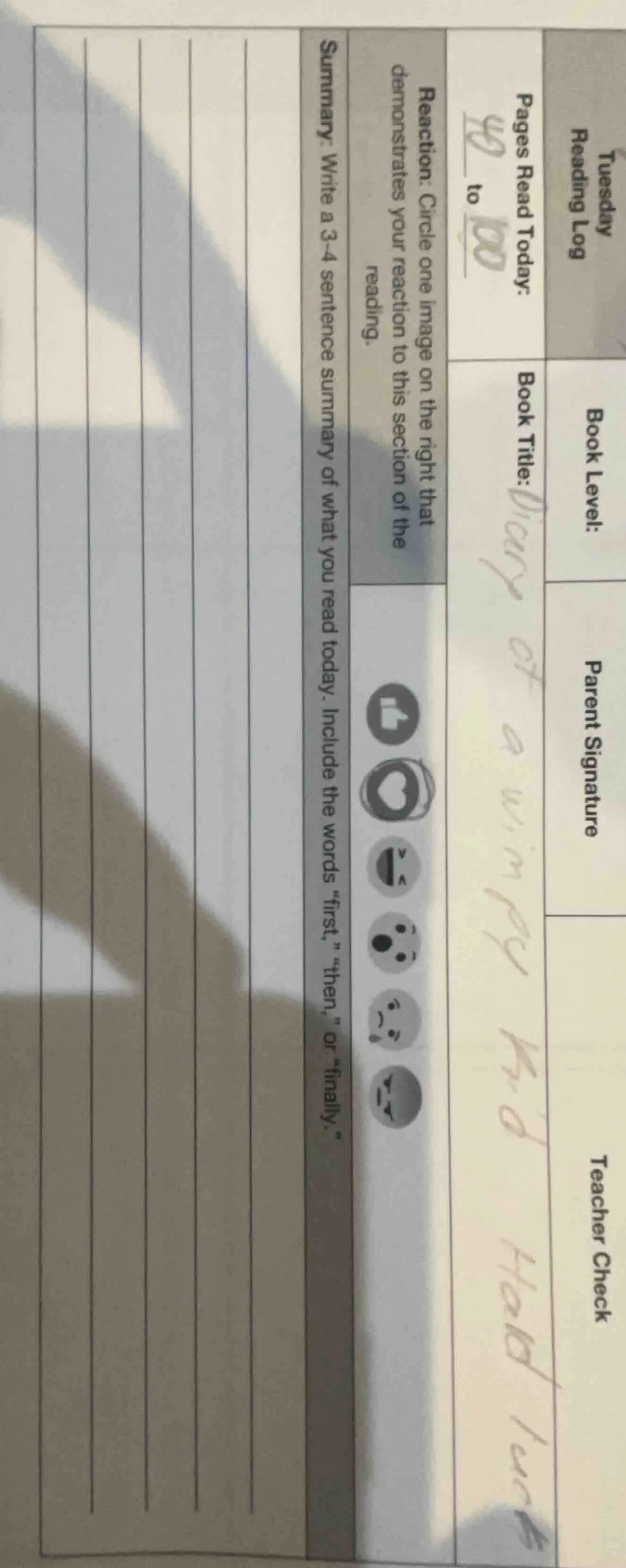 tuesday reading log book level: parent signature teacher check pages re…