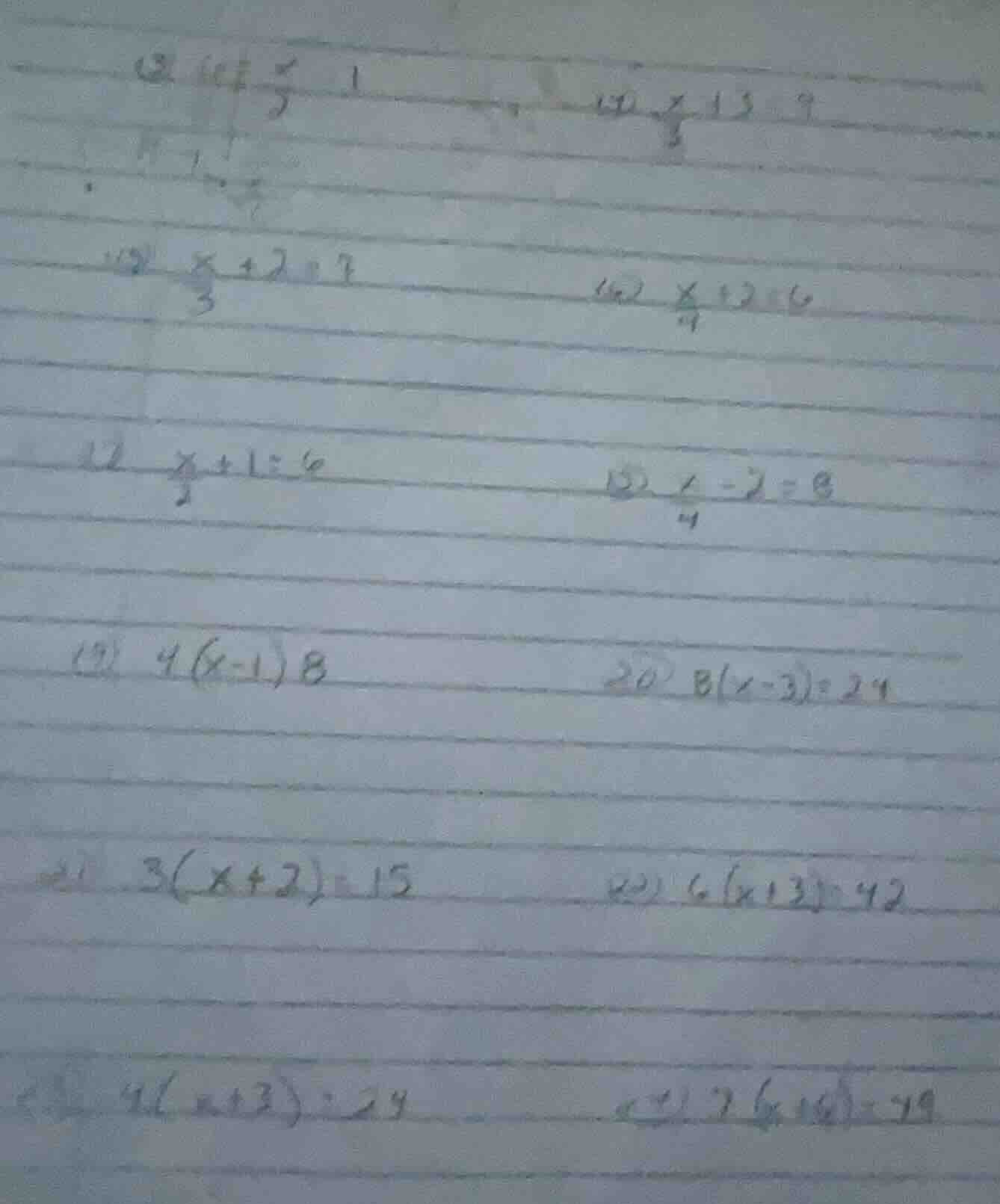 ⑱ $\frac{x}{5}=1$ ⑲ $\frac{x}{3}+3=9$ ⑳ $\frac{x}{3}+2=7$ ㉑ $\frac{x}{4…