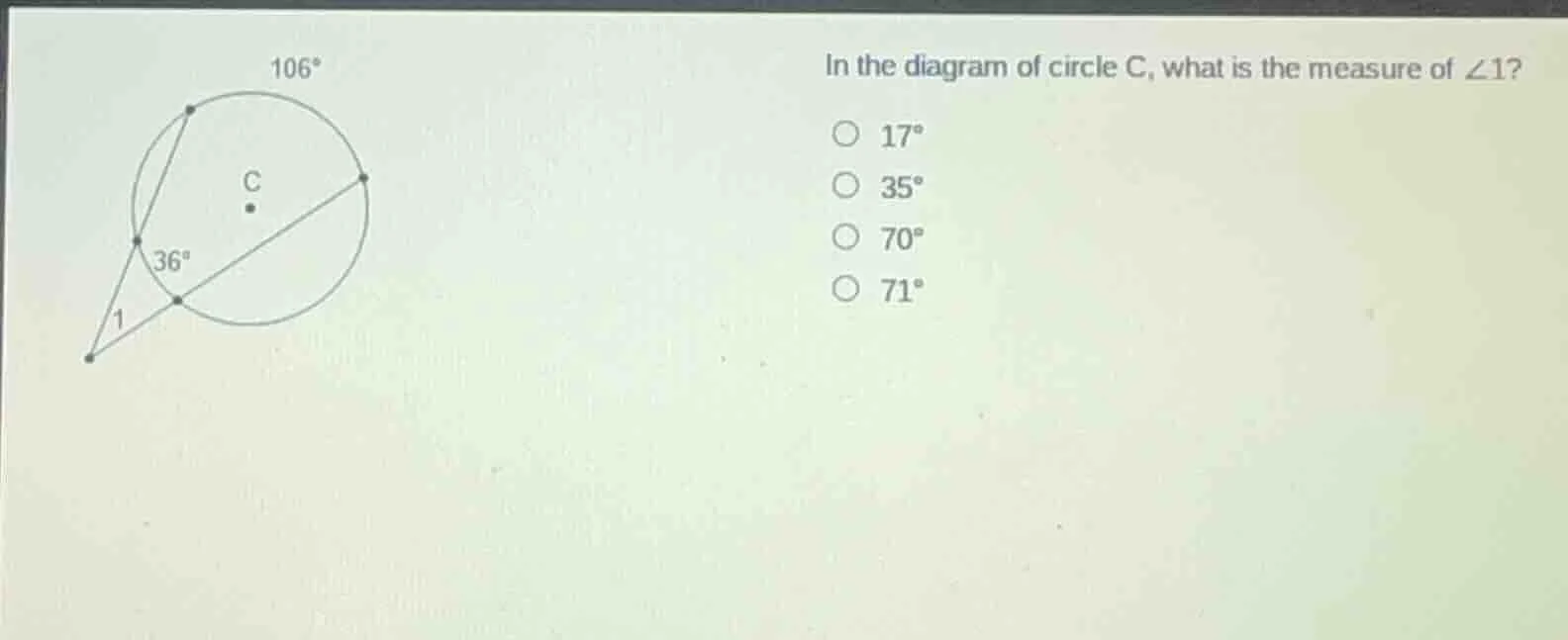 in the diagram of circle c, what is the measure of $angle1$?$\bigcirc$ …