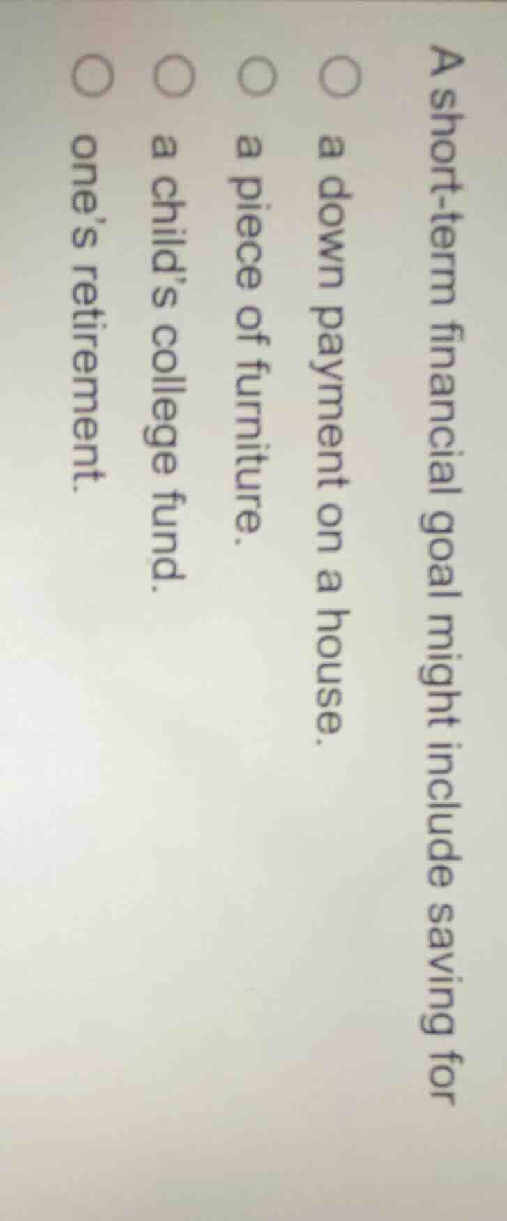 a short-term financial goal might include saving for○ a down payment on…