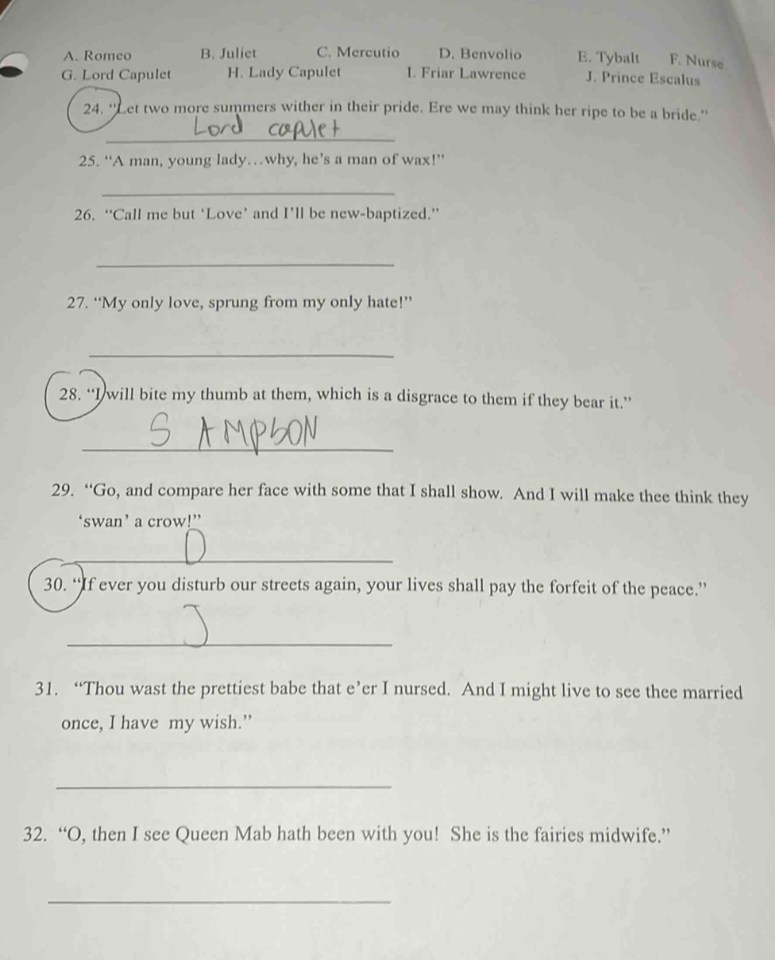 a. romeo b. juliet c. mercutio d. benvolio e. tybalt f. nurse g. lord c…