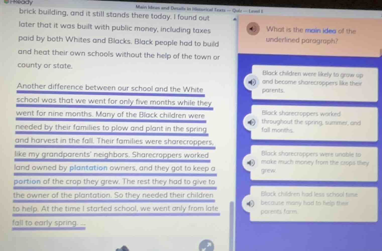 main ideas and details in historical texts — quiz — level e brick build…