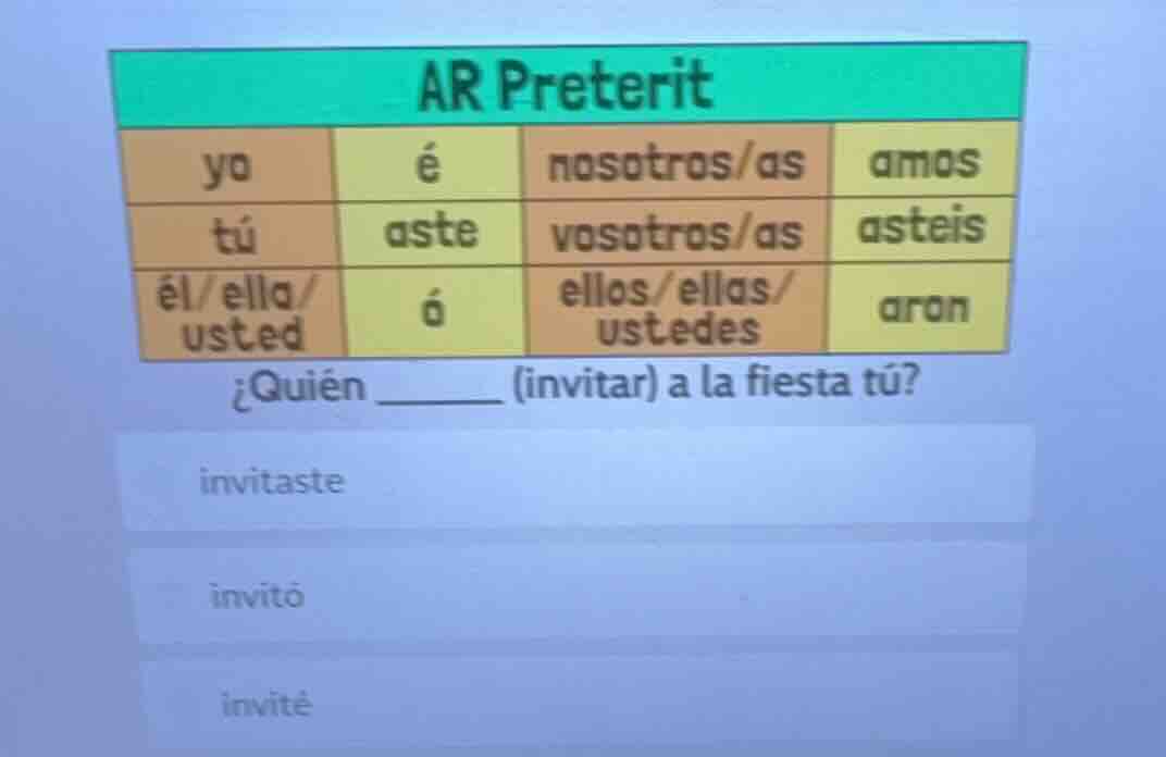 ar preterit yo é nosotros/as amos tú aste vosotros/as asteis él/ella/us…