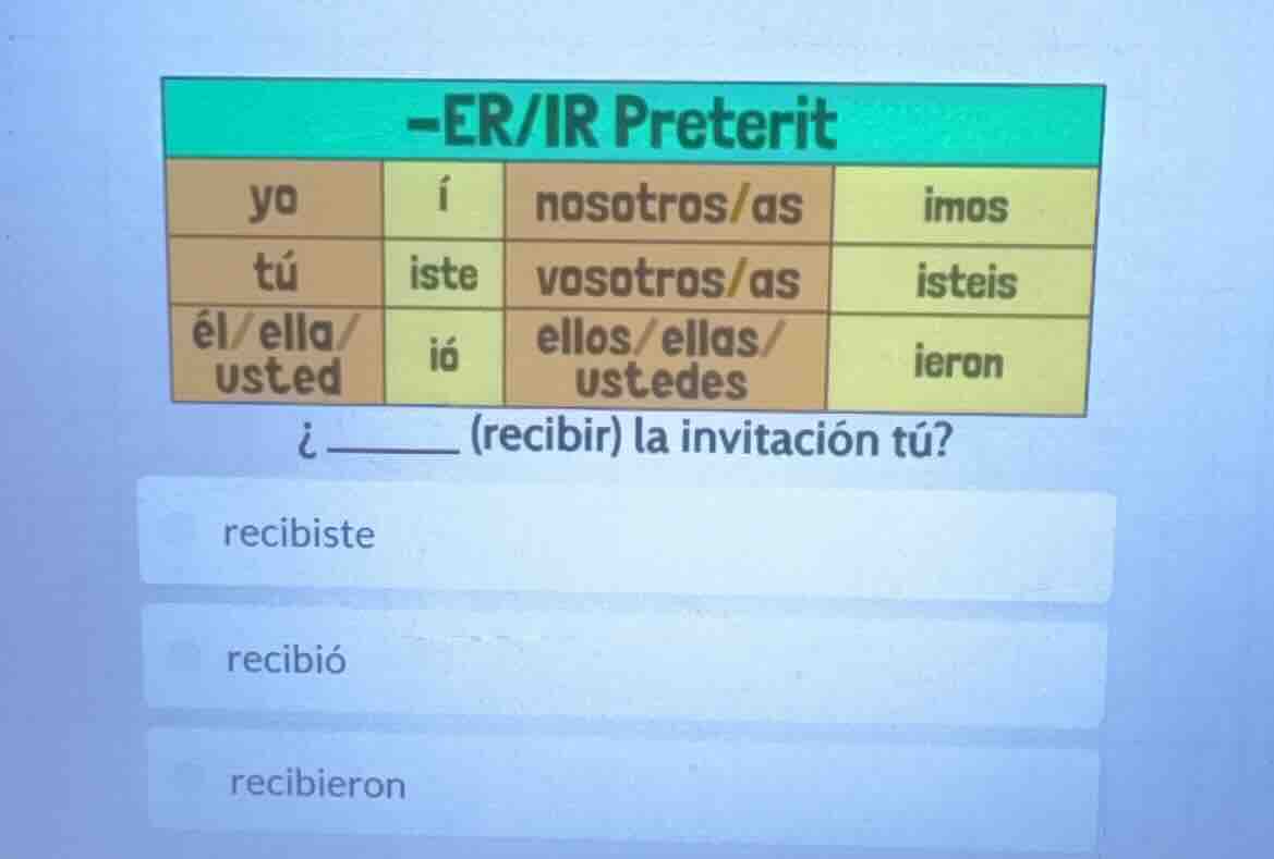 -er/ir preterit yo í nosotros/as imos tú iste vosotros/as isteis él/ell…