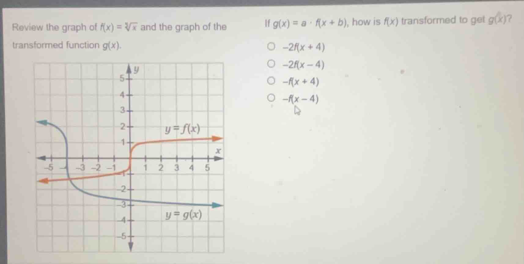 review the graph of $f(x) = \\sqrt3{x}$ and the graph of the transforme…