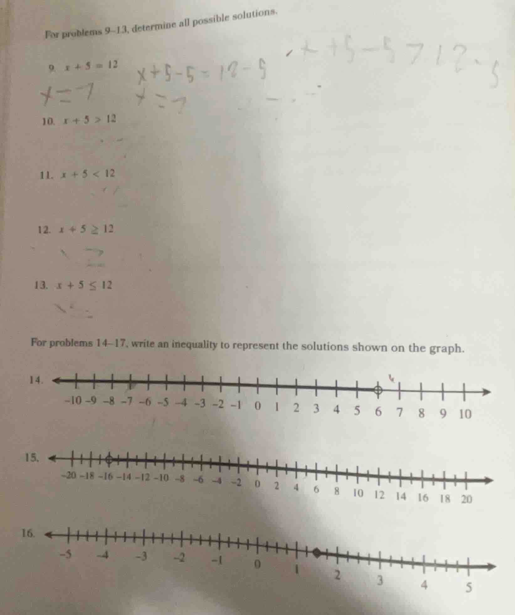 for problems 9-13, determine all possible solutions. 9. $x + 5 = 12$ 10…
