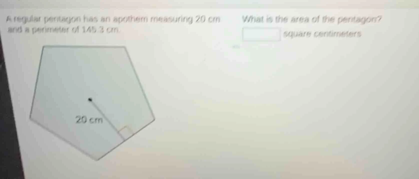 a regular pentagon has an apothem measuring 20 cm and a perimeter of 14…