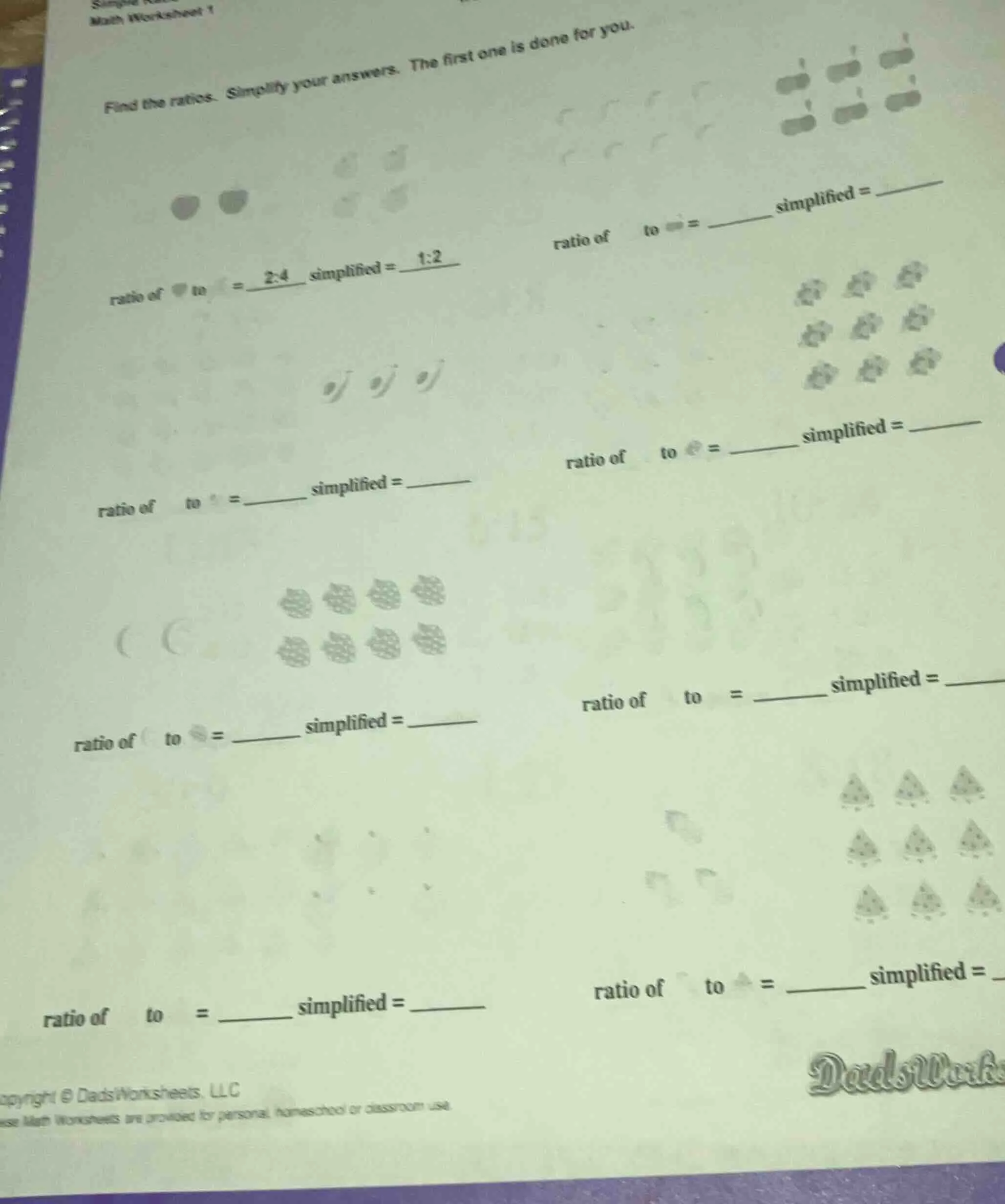math worksheet 1 find the ratios. simplify your answers. the first one …