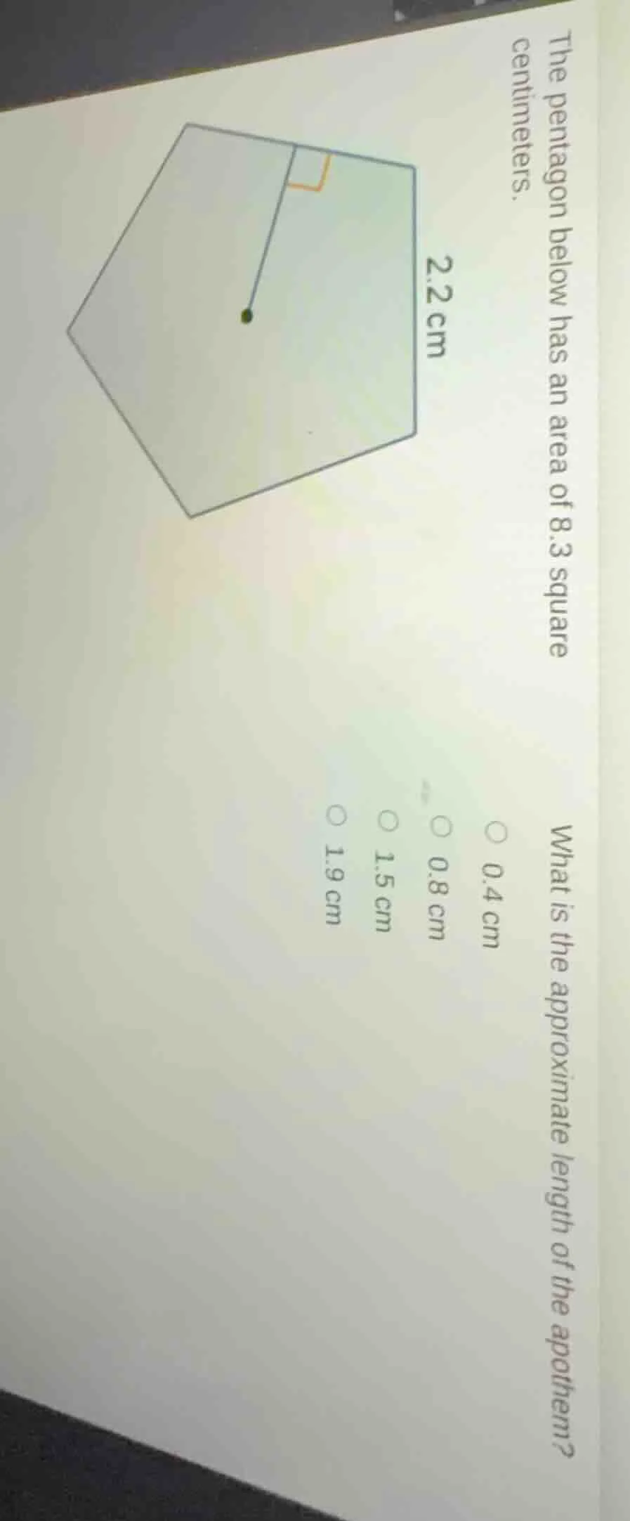 the pentagon below has an area of 8.3 square centimeters. what is the a…