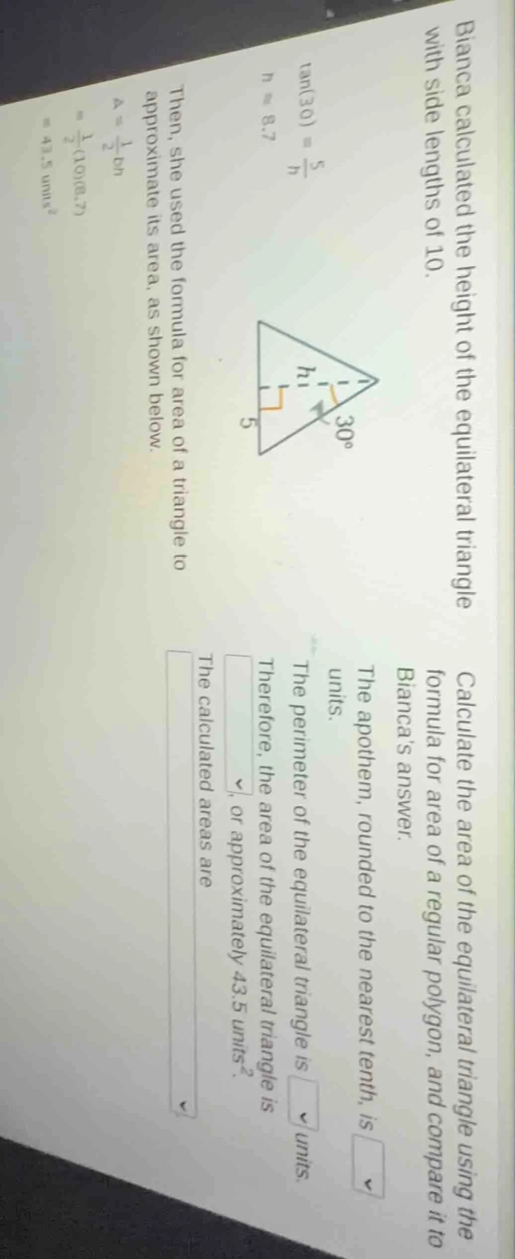 bianca calculated the height of the equilateral triangle with side leng…
