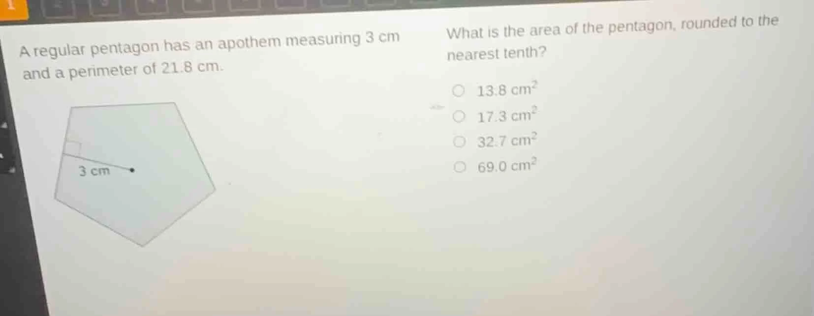 a regular pentagon has an apothem measuring 3 cm and a perimeter of 21.…