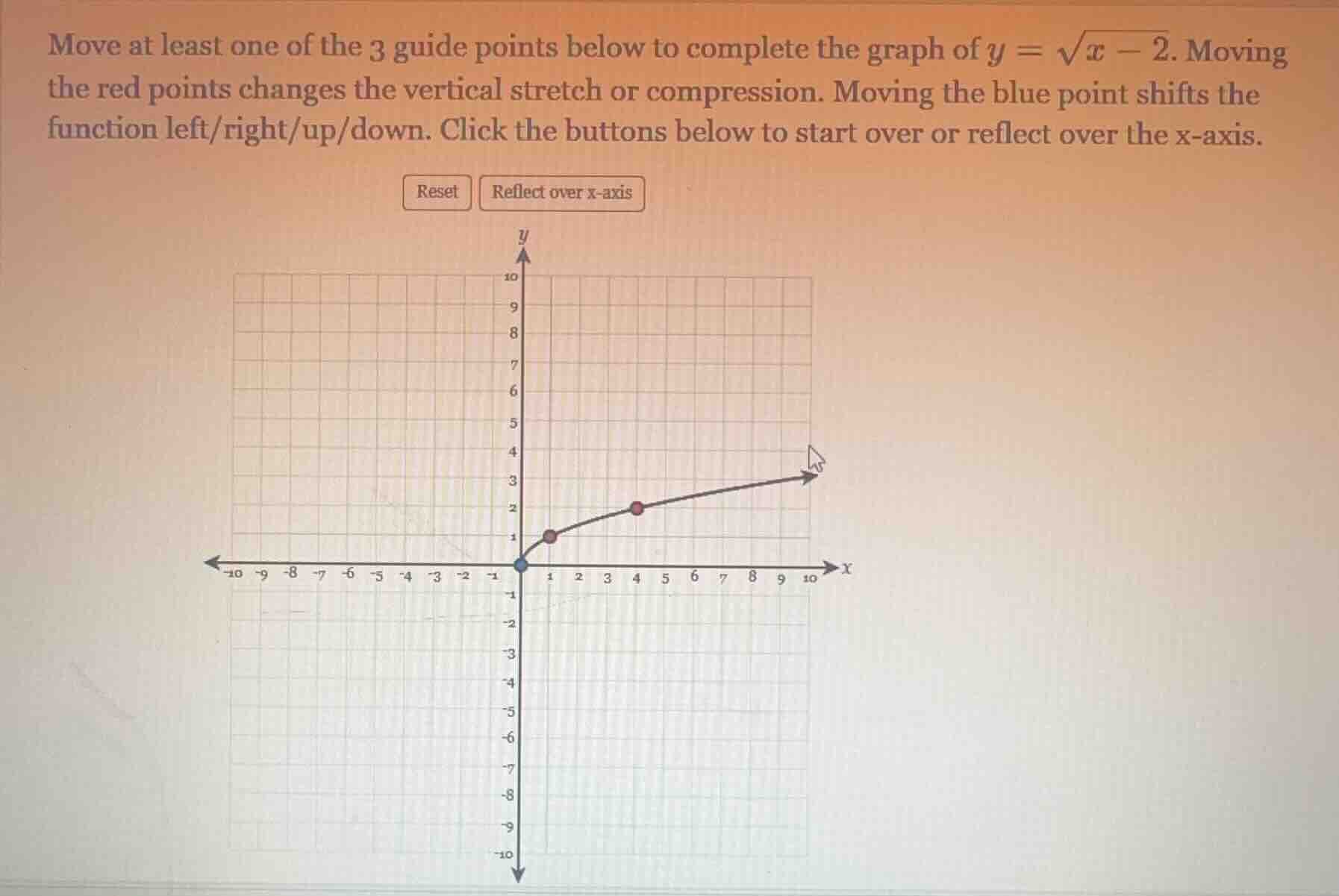 move at least one of the 3 guide points below to complete the graph of …