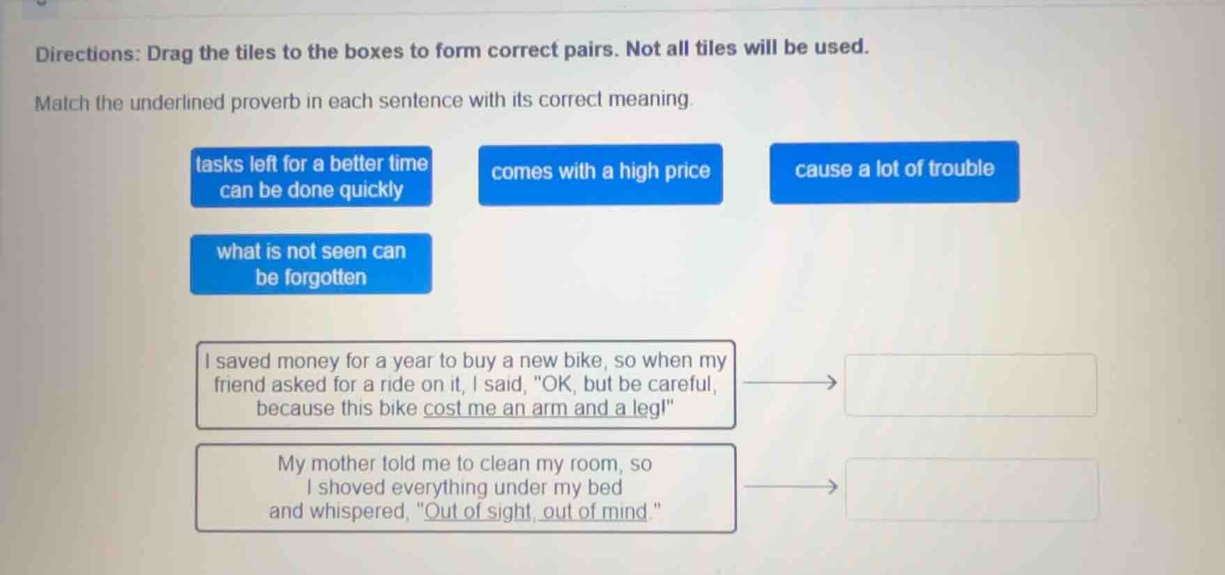 directions: drag the tiles to the boxes to form correct pairs. not all …