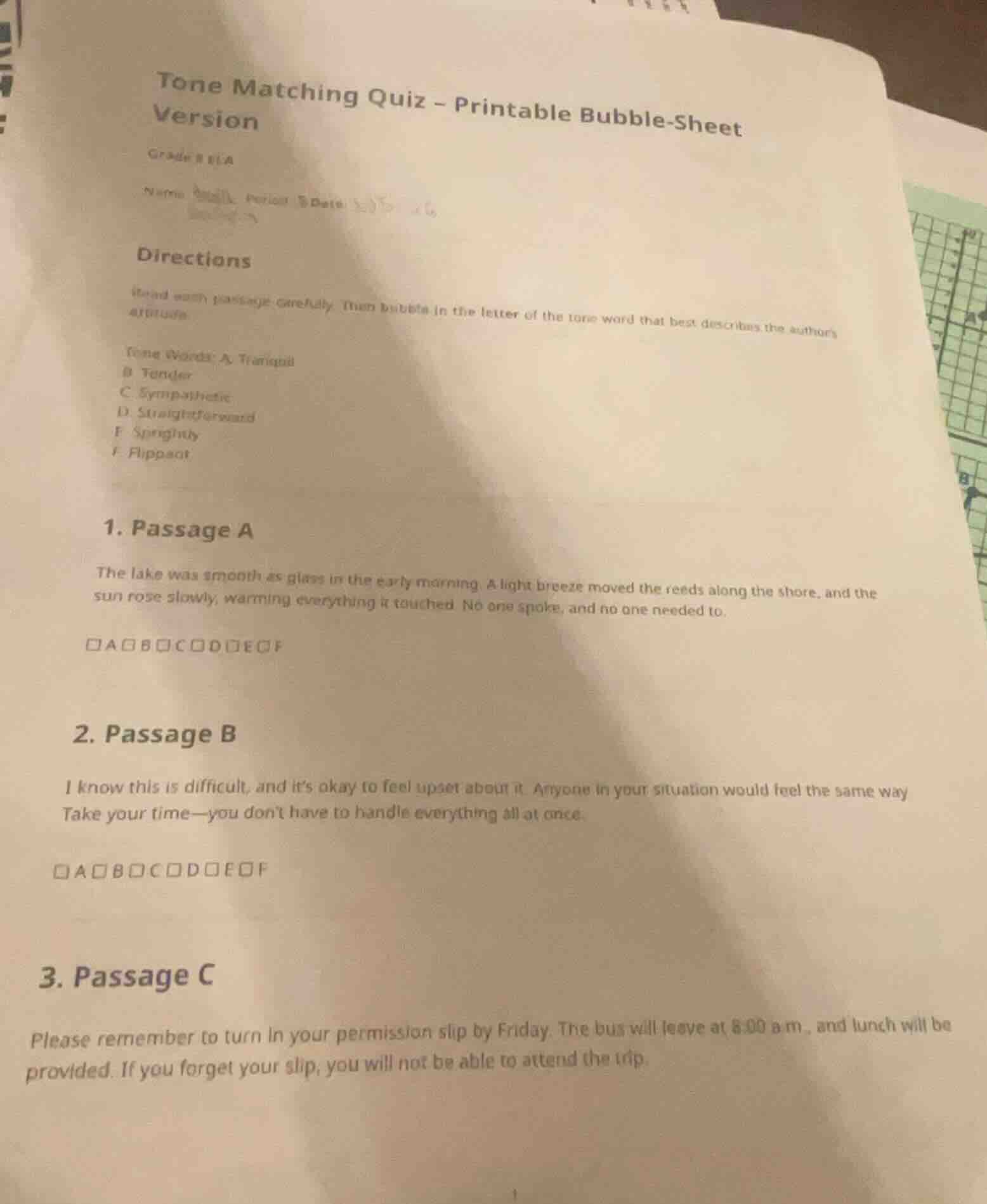 tone matching quiz - printable bubble-sheetversiongrade 8 elaname perio…