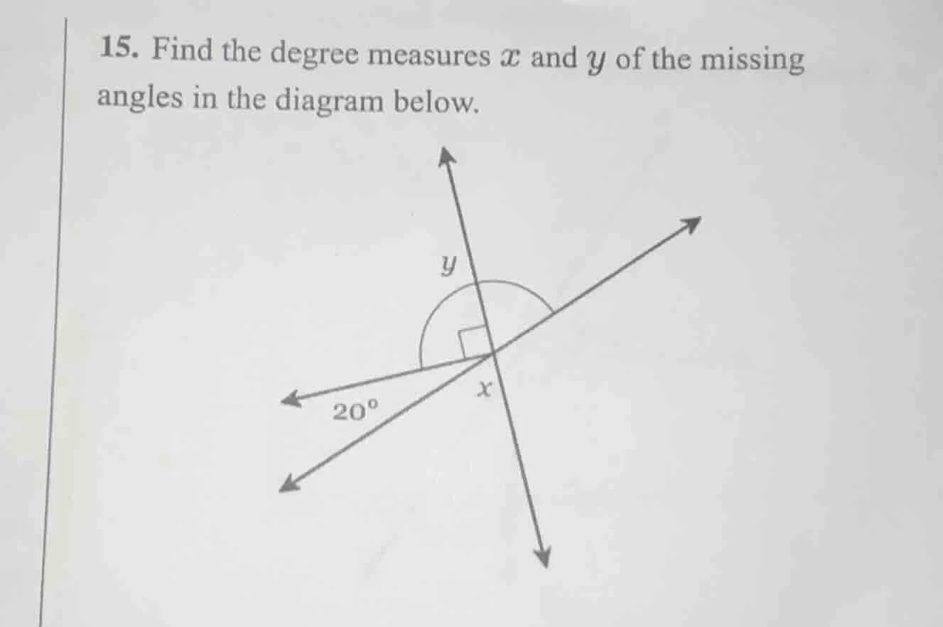 15. find the degree measures $x$ and $y$ of the missing angles in the d…