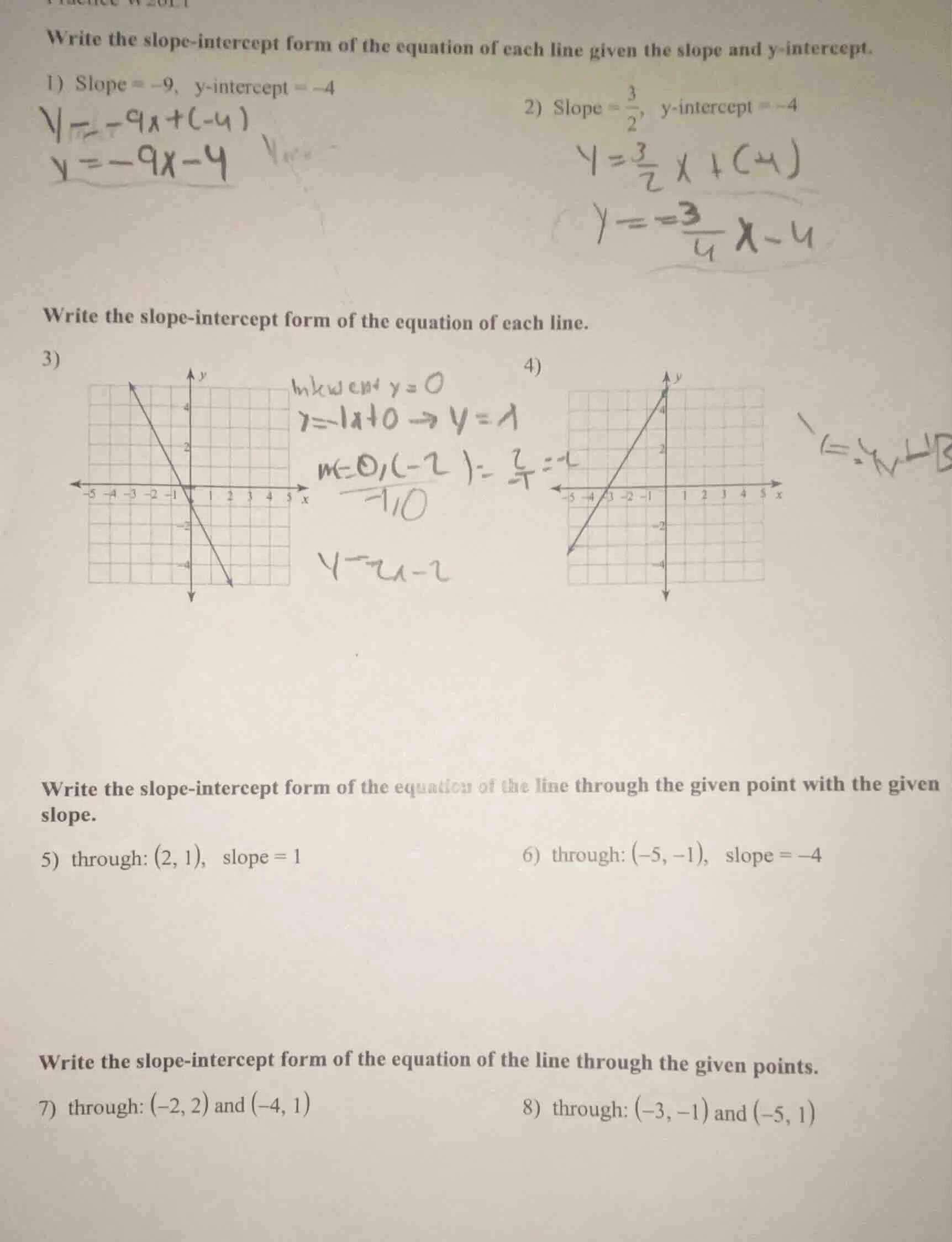 write the slope-intercept form of the equation of each line given the s…