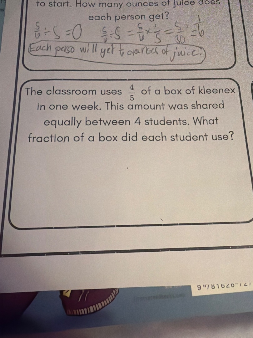 to start. how many ounces of juice does each person get?$\frac{5}{6} di…