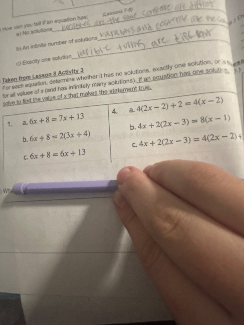 (lessons 7-8) how can you tell if an equation has: a) no solutions b) a…