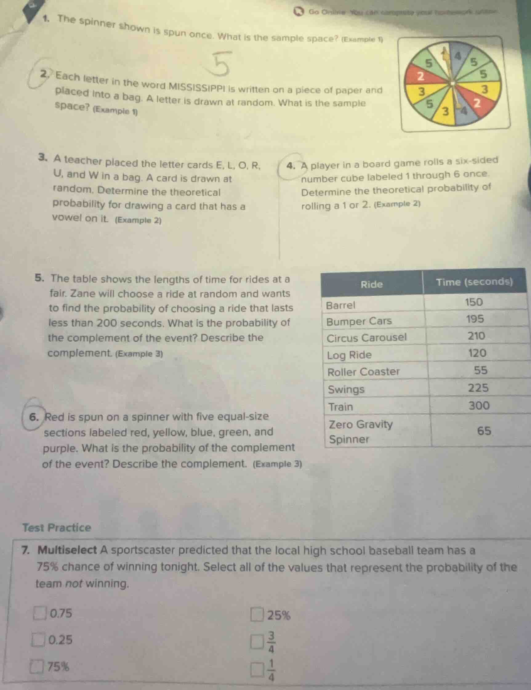 1. the spinner shown is spun once. what is the sample space? (example 1…