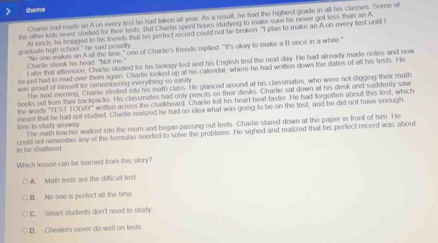charlie had made an a on every test he had taken all year. as a result,…