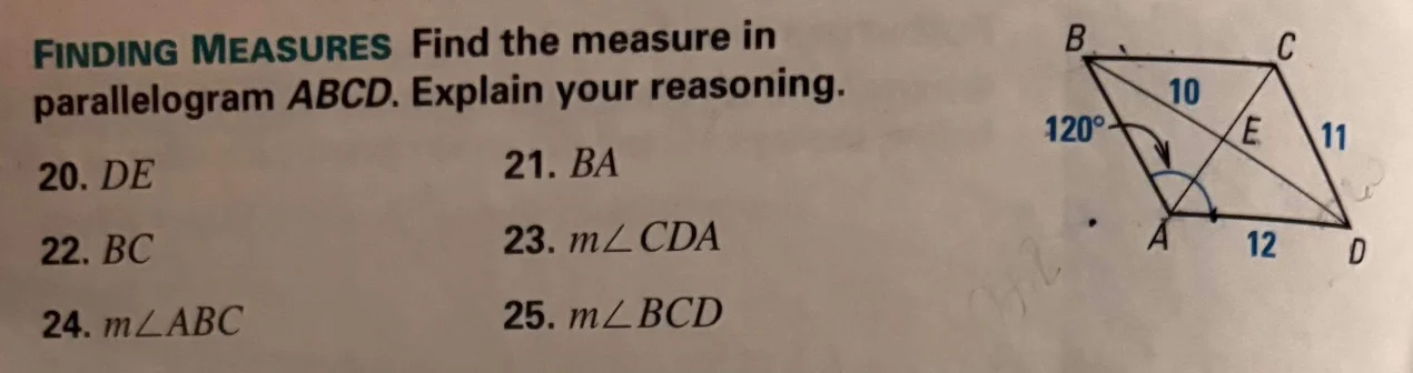 finding measures find the measure in parallelogram abcd. explain your r…
