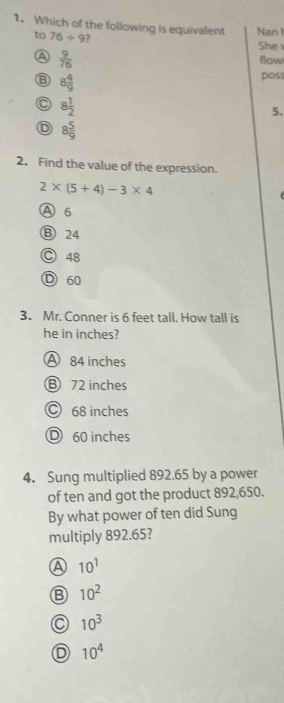 1. which of the following is equivalent to $76\\div9$? a $\frac{9}{76}$…