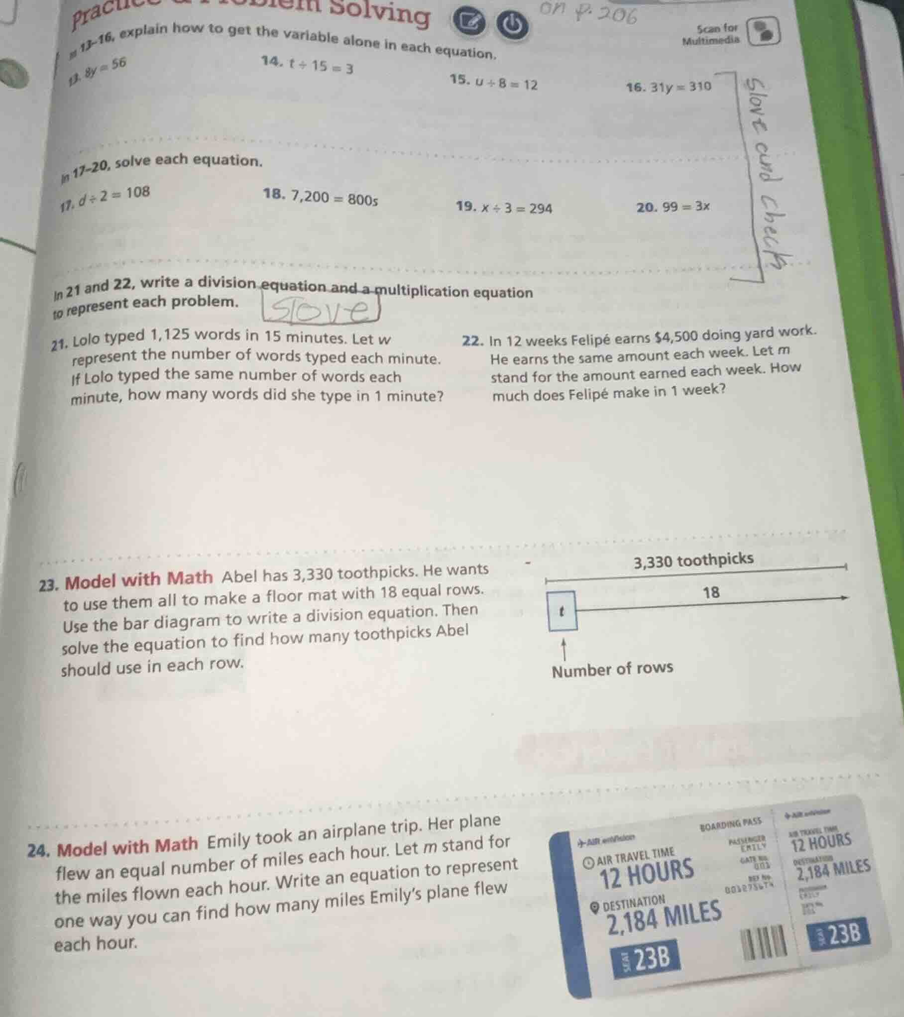 practice & problem solving on p.206 13-16, explain how to get the varia…