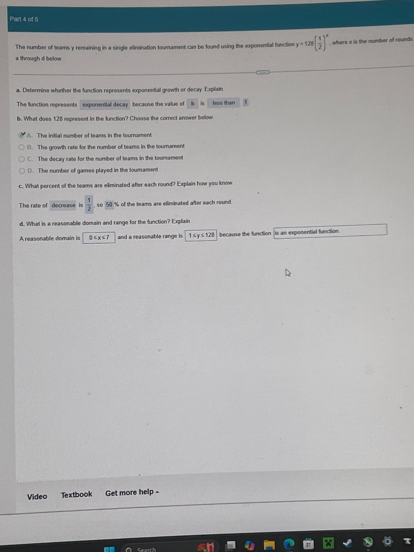 part 4 of 5 the number of teams y remaining in a single elimination tou…