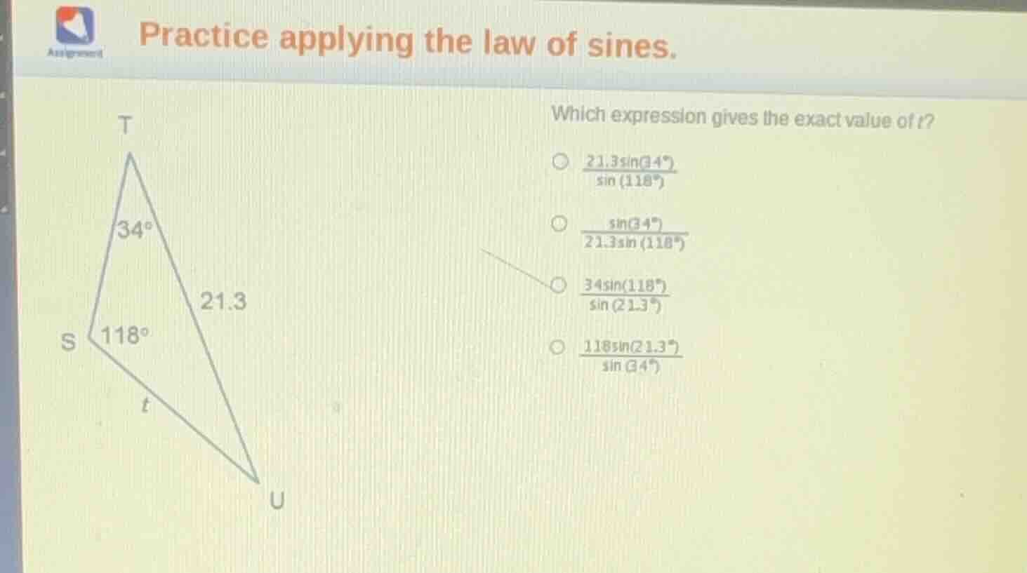 practice applying the law of sines. which expression gives the exact va…