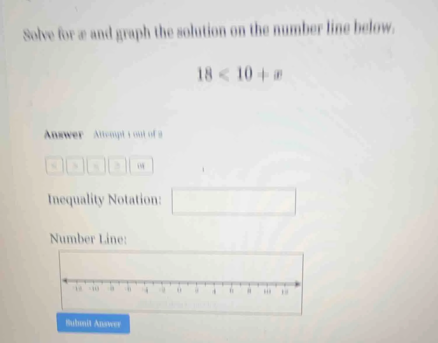 solve for $x$ and graph the solution on the number line below. $18 < 10…